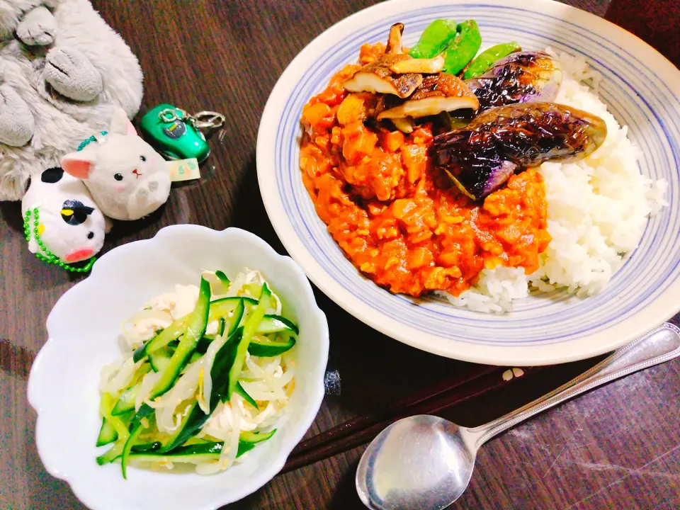 ひき肉と夏野菜のカレー、もやしとキュウリとササミのナムル|サトリさん