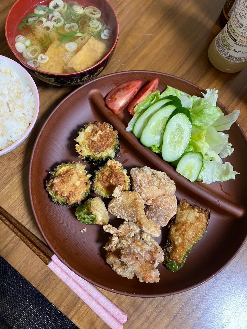 夜　ゴーヤ肉詰め､唐揚げ|みちくんさん