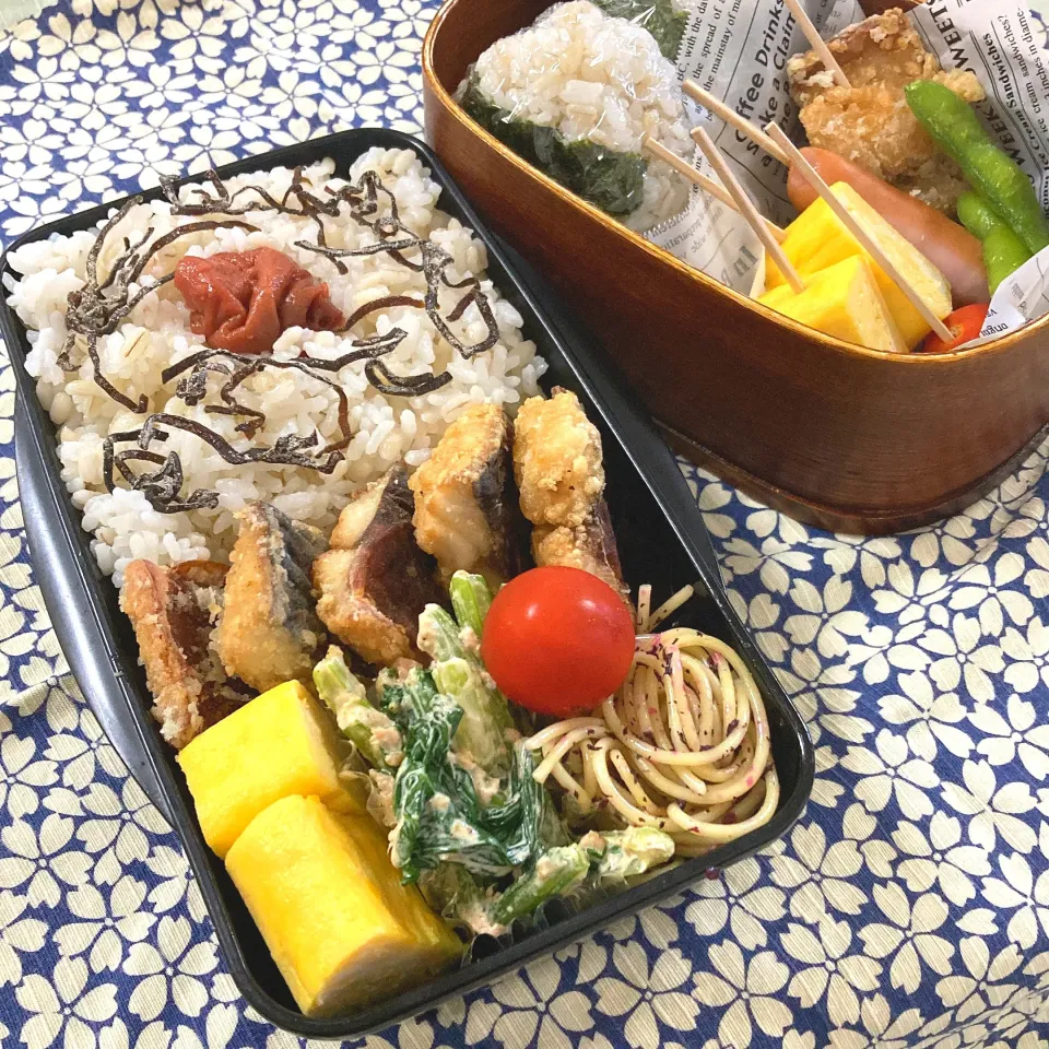 サバの竜田揚げ弁当
・サバの竜田揚げ
・玉子焼き
・ツナと小松菜の胡麻マヨ和え
・ゆかりパスタ
・プチトマト|SaDaさん