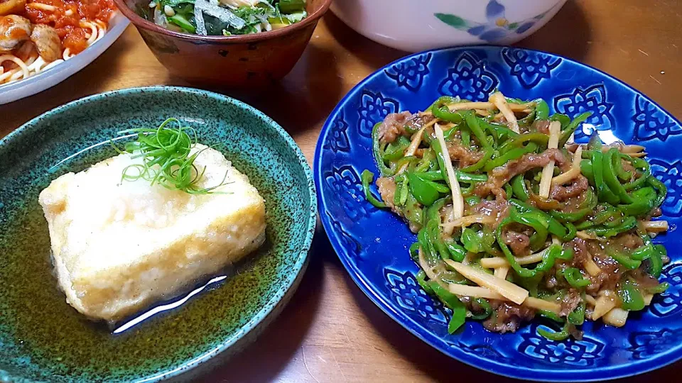 【青椒肉絲】と【揚げ出し豆腐 】ピーマン🫑タケノコは全て地物の無料食材 毎日豆腐一丁食べる主人にこの日は半丁を揚げ出し豆腐に|🐈⸒⸒⸒⸒つるのダンス🐈🐾さん