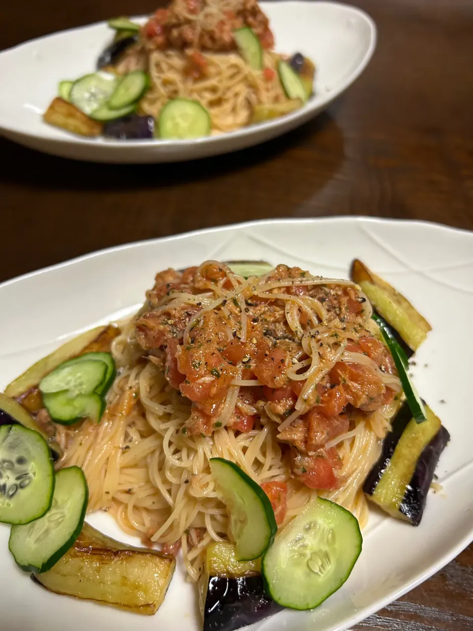 Snapdishの料理写真:ナスとツナとトマトの冷製パスタ❗️|長さんさん