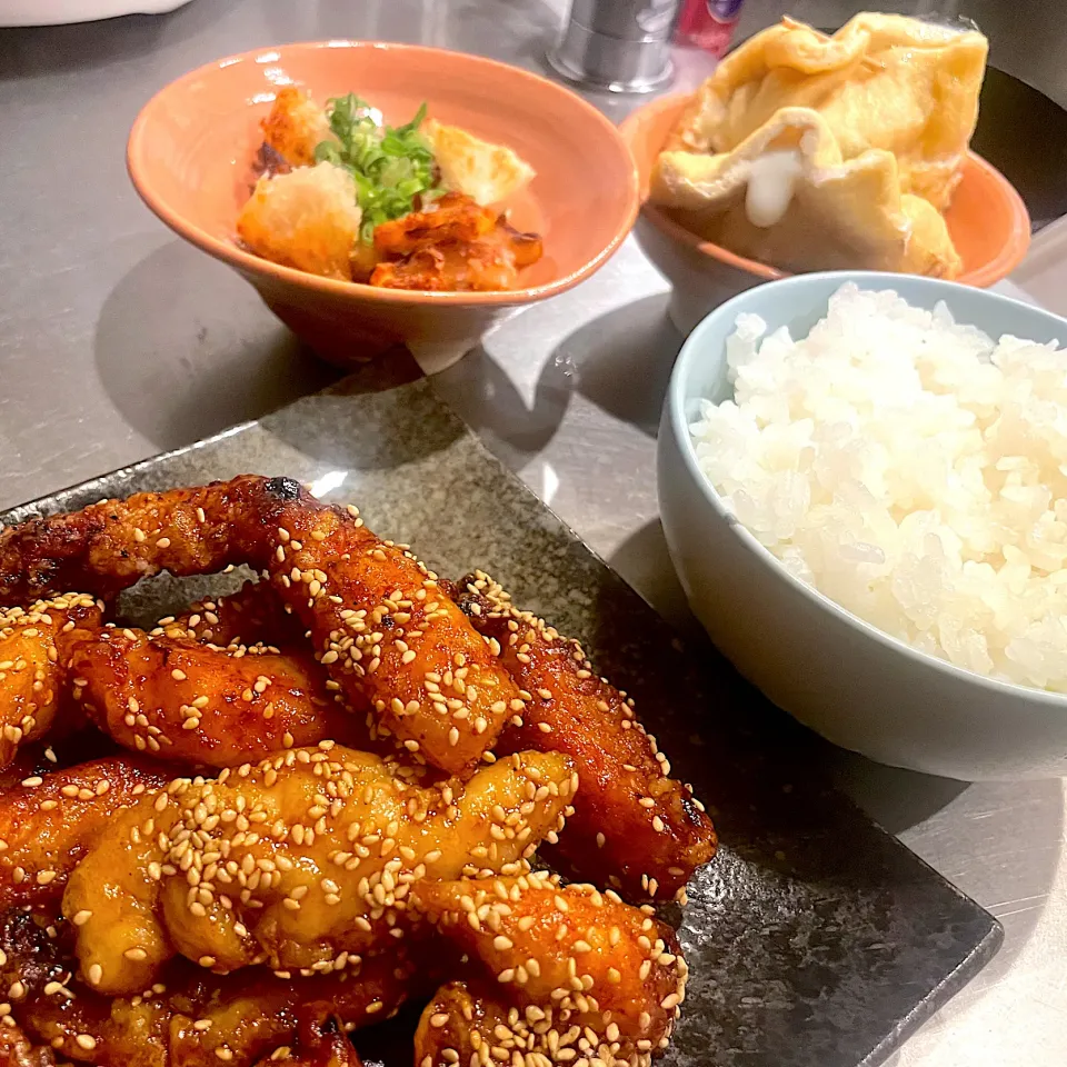 鳥ささみの甘辛唐揚げ、ほうれん草としめじの油揚げ詰め、大根の揚げ焼き|Chisaさん