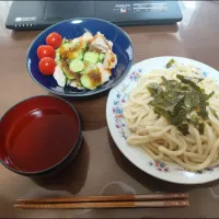 Snapdishの料理写真:・ざるうどん
・鶏むね肉とキュウリとトマトのサラダ|早紀さん