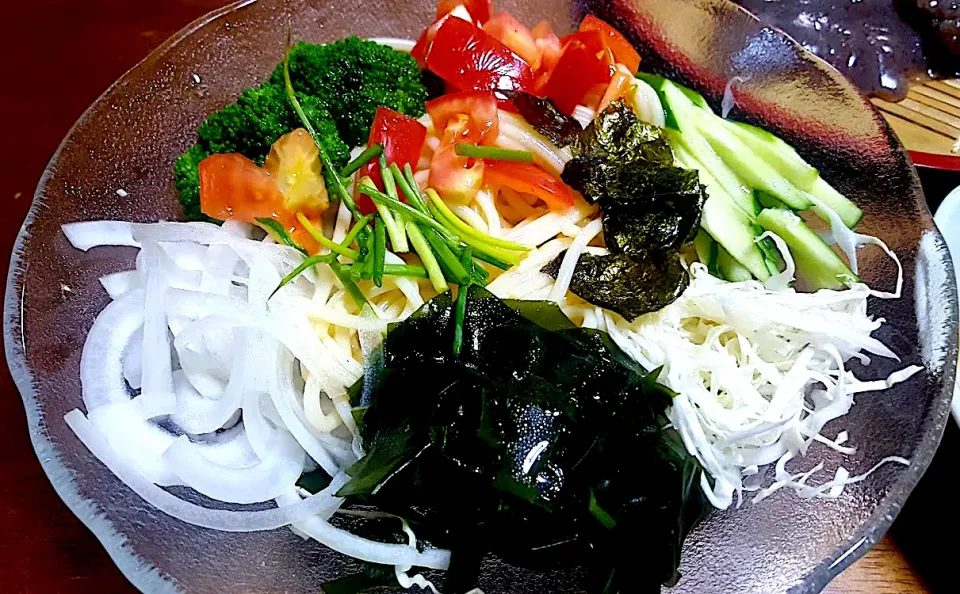 暑い🫠🌞🌴🌺✨ アルモンデ🥗【サラダ𓌉🥗𓇋スパゲティ】新ワカメの塩漬け 頂き物の🍅、🧅、🥒と🥦︎、グリーンボール🥬、安岡ネギ、味付け海苔をトッピングして自家製ドレッシングで|🐈⸒⸒⸒⸒つるのダンス🐈🐾さん