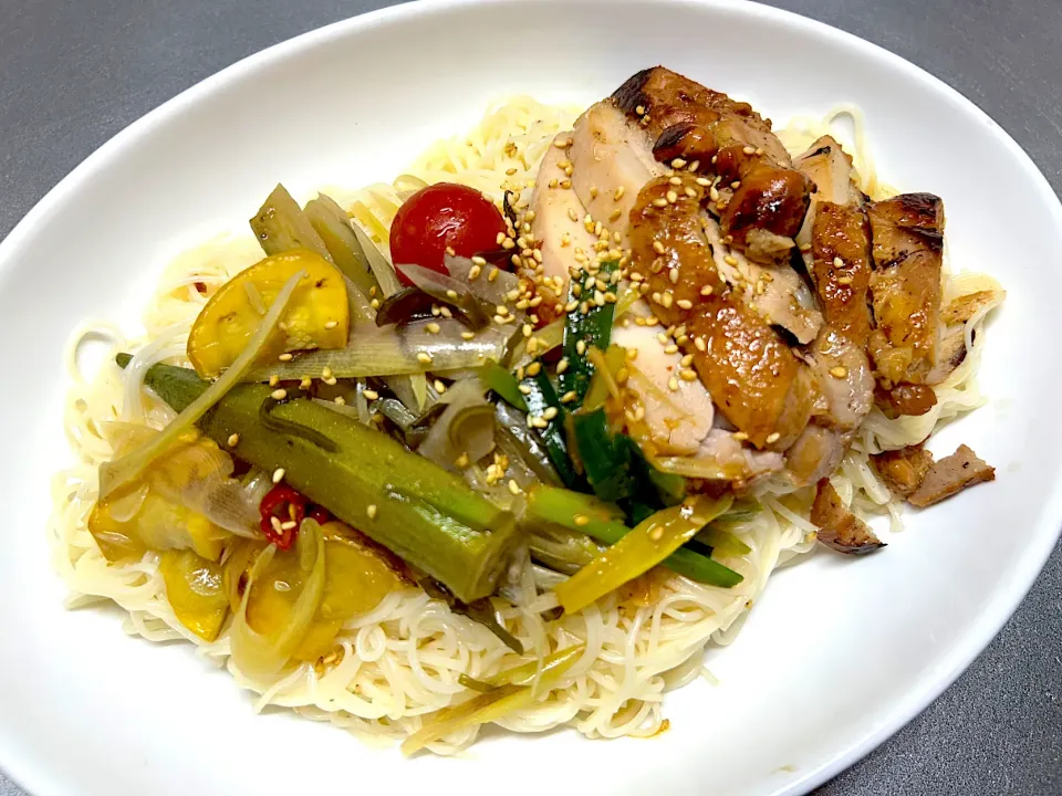 塩麹漬鶏と夏野菜漬の和え素麺|ゆきさん