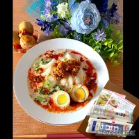 Snapdishの料理写真:揖保乃糸で冷やし豆乳担々麺とまりおさんの食べラー味玉✨