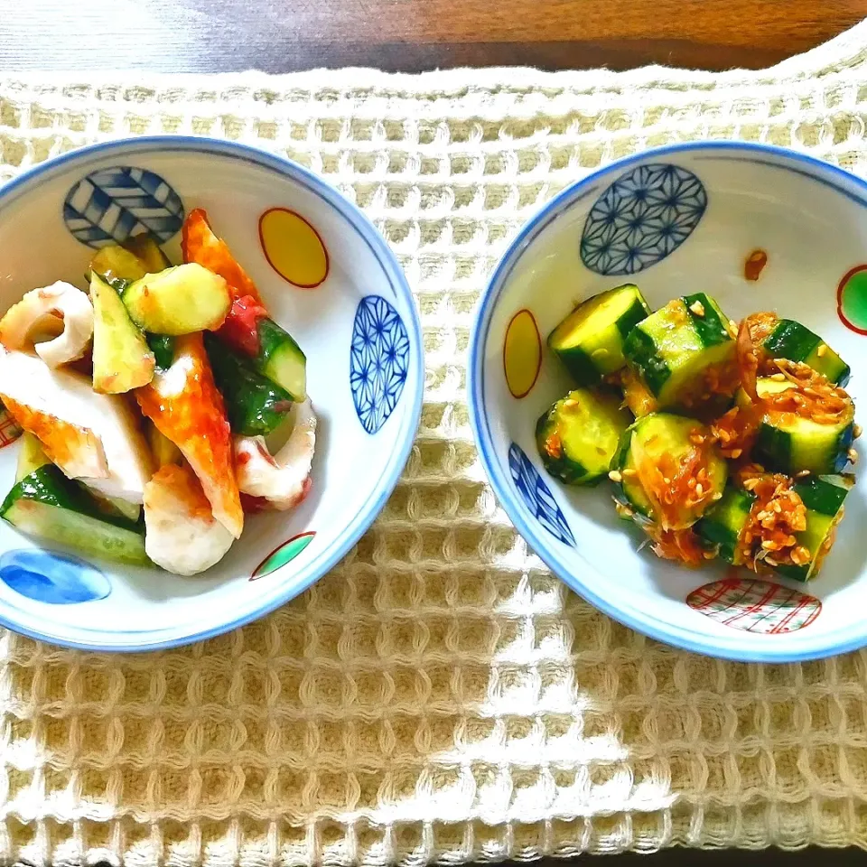 塩麹と醤油麹のきゅうり料理
・きゅうりとちくわの梅塩麹和え
・きゅうりとみょうがの生姜醤油麹和え|vege食堂さん