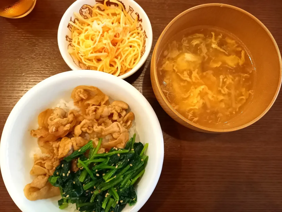 豚焼き肉丼　スパゲッティサラダ　中華卵スープ|🍏りんご🍎さん