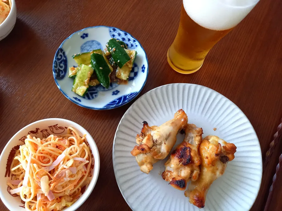 ローストチキン　スパゲッティサラダ　きゅうりの梅和え　🍻|🍏りんご🍎さん