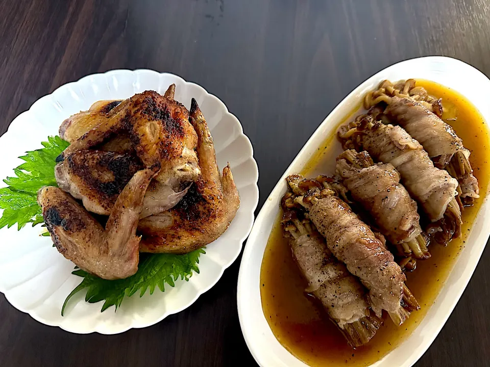 2024.7.10晩ご飯　　　　　　　　　　　　　　手羽の塩焼き　　えのきの豚バラ巻き|ラパンママさん