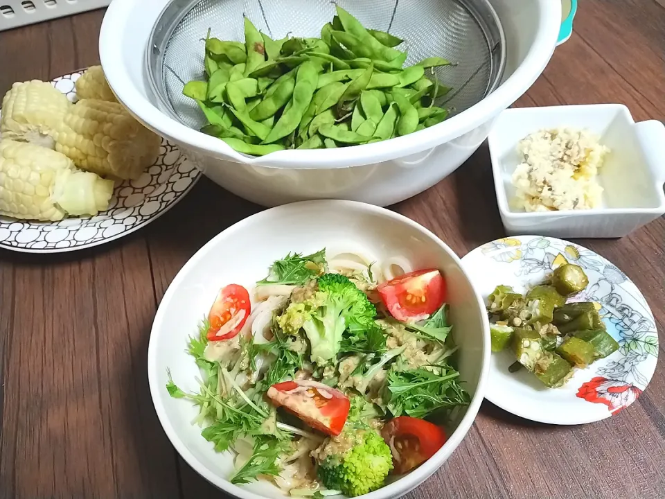 サラダうどん
枝豆
とうもろこし
オクラのお浸し
サバ缶ポテトサラダ|尚さん