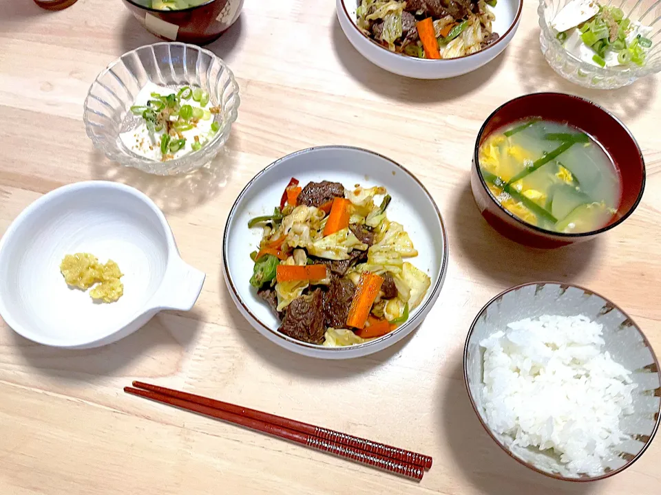 晩ご飯 松屋のお肉で野菜炒め|プリンさん