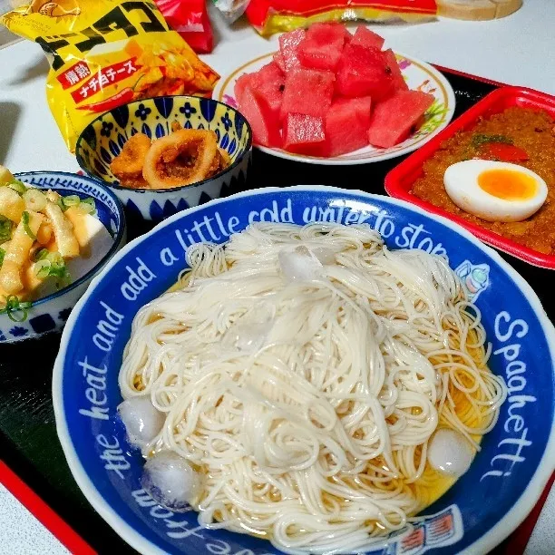 そうめん
キーマカレー
冷奴　
イカからあげ

糖度12度のスイカ


スイカがきつい|ariyo4200さん