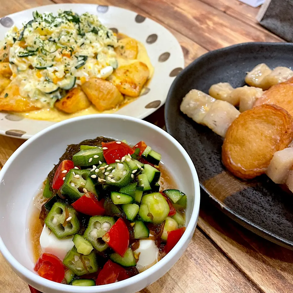 チキン南蛮、味噌おでん、夏野菜冷奴|もやぴさん