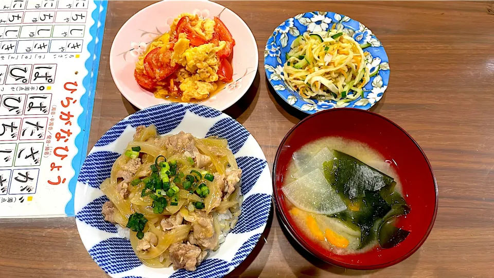 Snapdishの料理写真:豚照り焼き丼　根菜とわかめの味噌汁　切り干し大根のナムル　卵とトマトの中華炒め|おさむん17さん