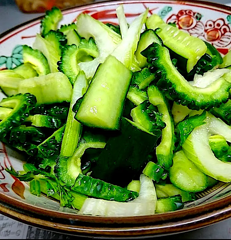 夏はいつも食べてるパリポリオヤツ【ゴーヤ、キュウリ🥒、セロリの簡単浅漬け😍】セロリの爽やかさが又たまらない🤤😍|🐈⸒⸒⸒⸒つるのダンス🐈🐾さん