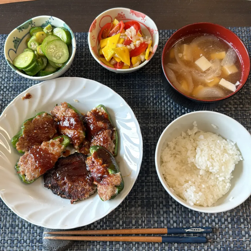 ピーマンの肉詰め・ハンバーグもどき・キュウリとオクラの酢の物・カボチャとミニトマトのマリネ・タマネギと豆腐の味噌汁|a-parkさん