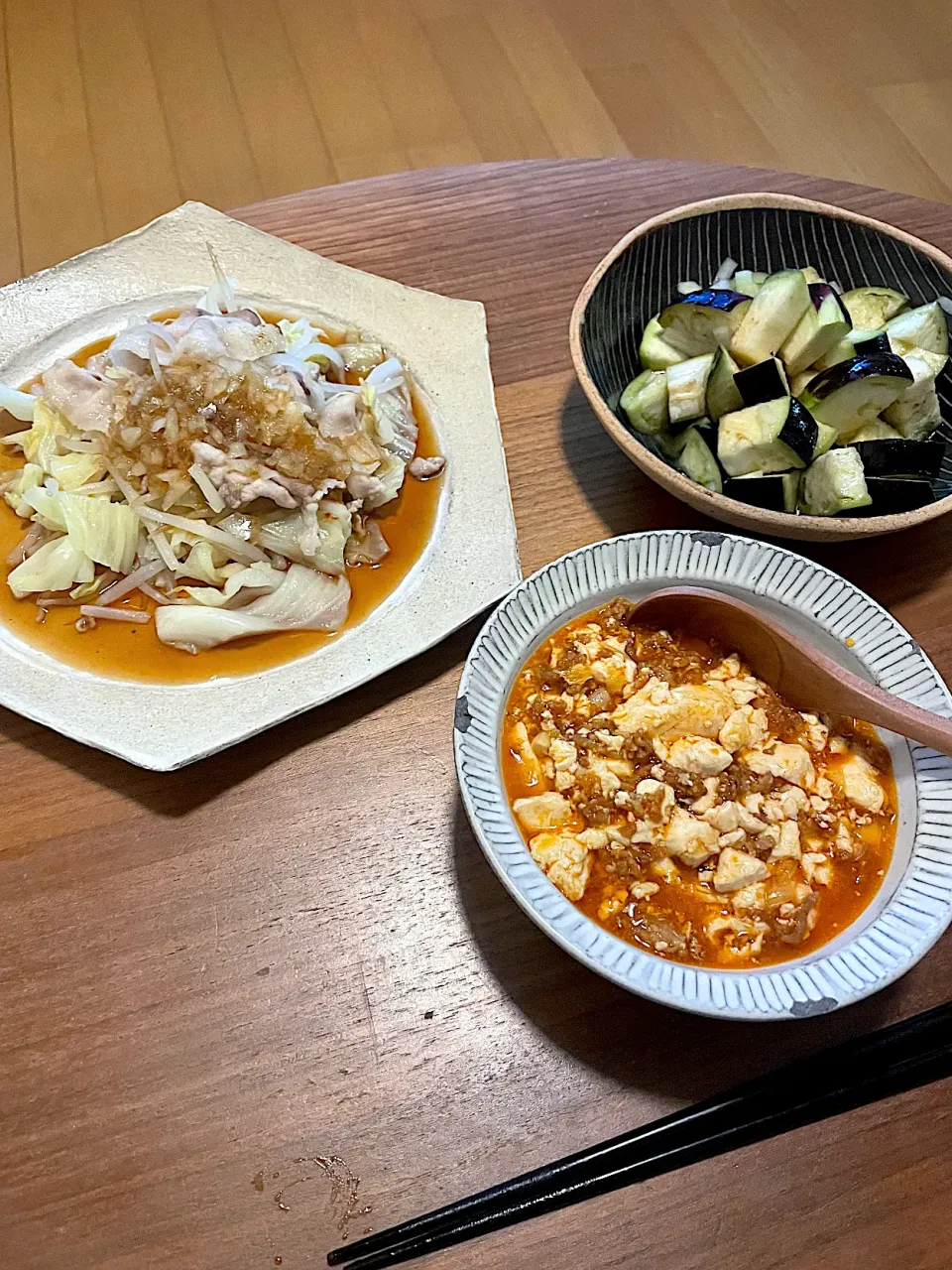 麻婆豆腐、豚キャベツポン酢、水茄子のマリネ|サマンサさん