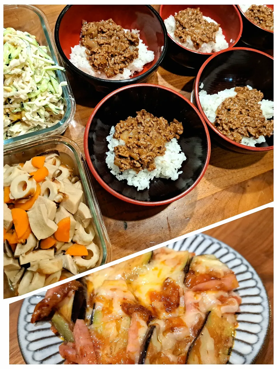 Snapdishの料理写真:中華そぼろ丼　高野豆腐ちくわ煮　切り干し大根のマヨサラダ　茄子トマトチーズ|m aさん