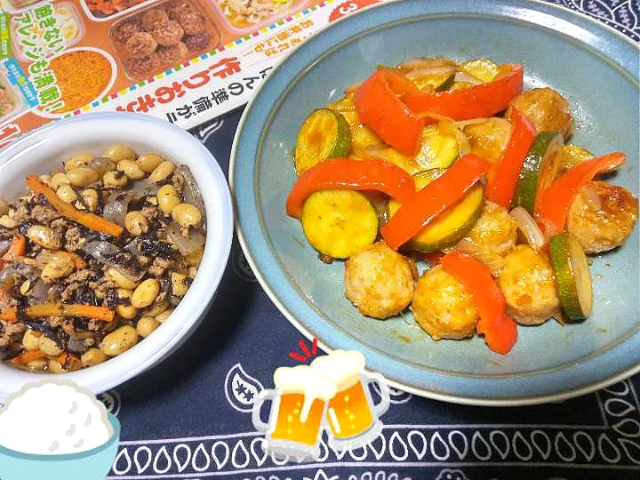 Snapdishの料理写真:夜ご飯。肉団子の酢豚風。
朝作ったひじきと大豆の煮物。🌳|りささん