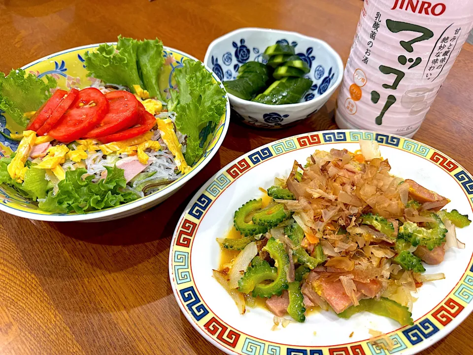 Snapdishの料理写真:初採れゴーヤで晩ご飯|sakuramochiさん