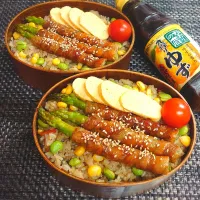 Snapdishの料理写真:母とムスコのラブラブおソロ♪アスパラの肉巻きゆずぽん照り焼きどーん弁当