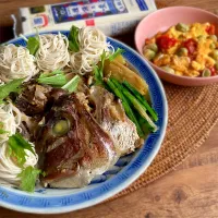 Snapdishの料理写真:鯛そうめん、そら豆とトマトのたまご炒め|くろねこじったん‍さん