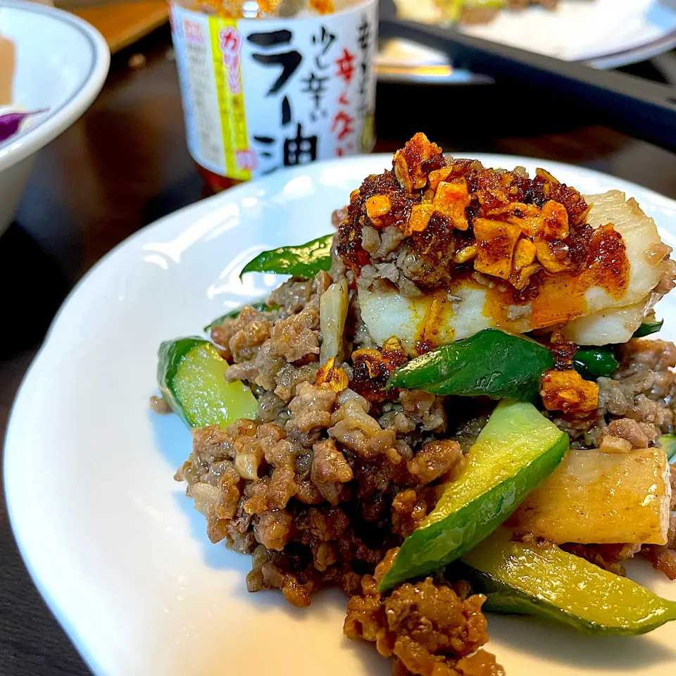 長芋きゅうり肉味噌炒め 食べるラー油乗せ|DKさん