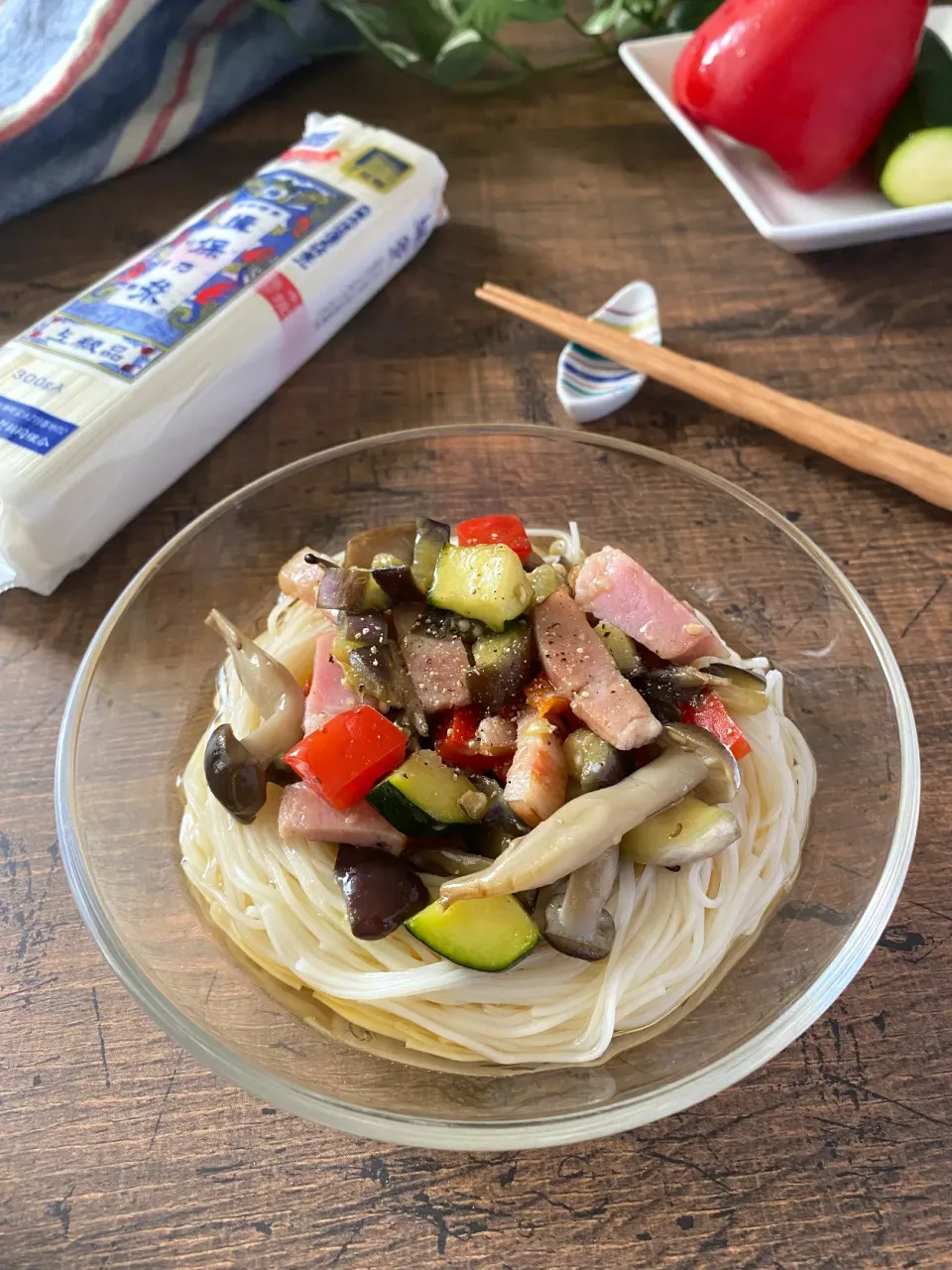 夏野菜ペッパーそうめん|ちぐあささん