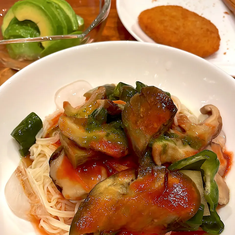 夏野菜そうめん　アボカド糠漬け|とゆあさん