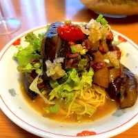 ♯揚げ茄子とトマトの冷製和風パスタ🍝|ペコちゃんさん