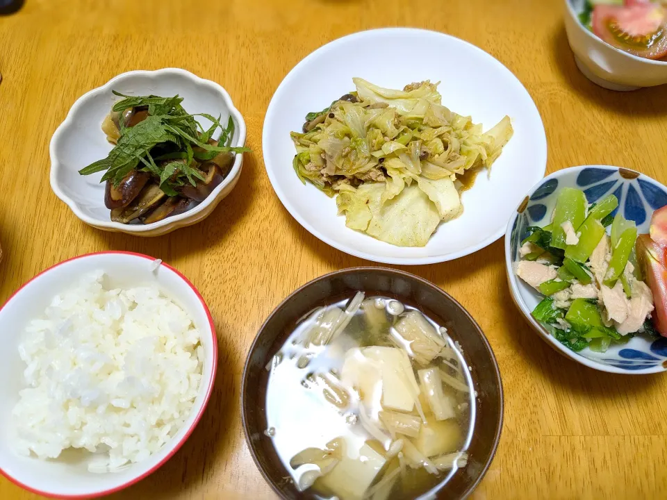 Snapdishの料理写真:キャベツのカレー豚そぼろ餡、なす南蛮、小松菜サラダ、味噌汁|きなこもちさん