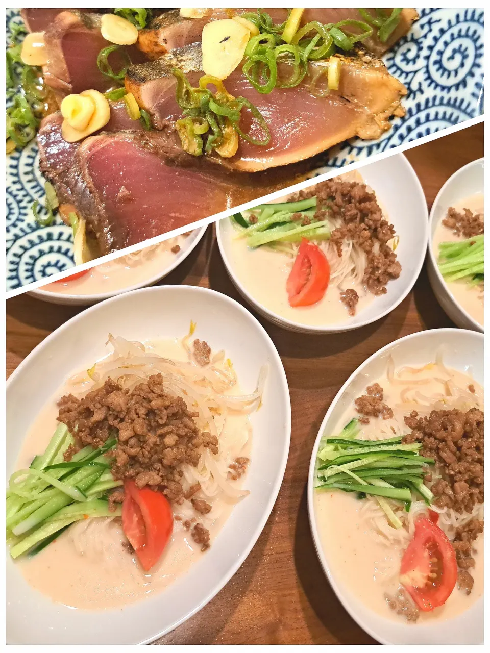 Snapdishの料理写真:冷やし坦々そーめん　かつおのたたき|m aさん