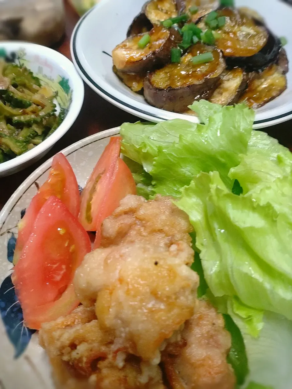 唐揚げ
茄子のとろとろ
おかかゴーヤ
白菜浅漬け|しゅがーさん