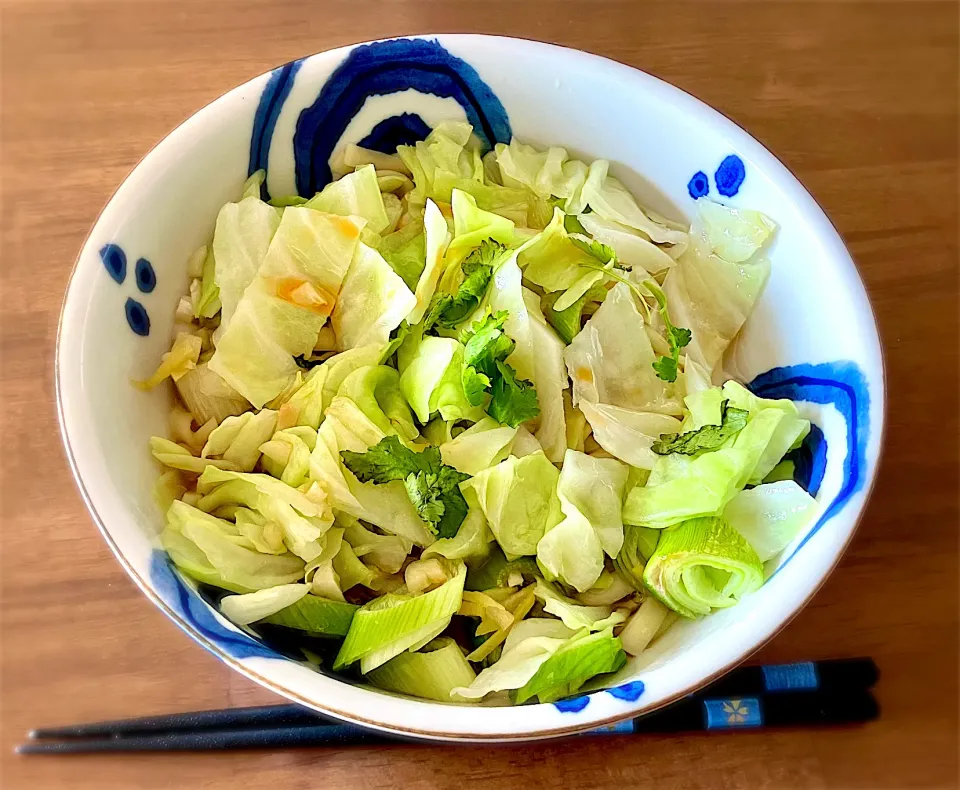 平打中華麺を使ったユーポー麺  濃い目の鰹出汁スープを敷き、茹でた麺を盛った上に、キャベツと長葱をたっぷりの胡麻油で炒めて乗せ、京都山田の辣油とパクチーで仕上げました|リフルシャッフルさん