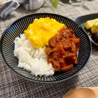 Snapdishの料理写真:トマト缶で簡単オムハヤシ　むすこごはんよる|かぼちゃんさん