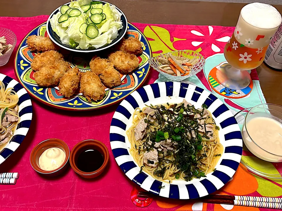 牡蠣フライと豚肉と椎茸のだし炊きパスタ|なみりんさん