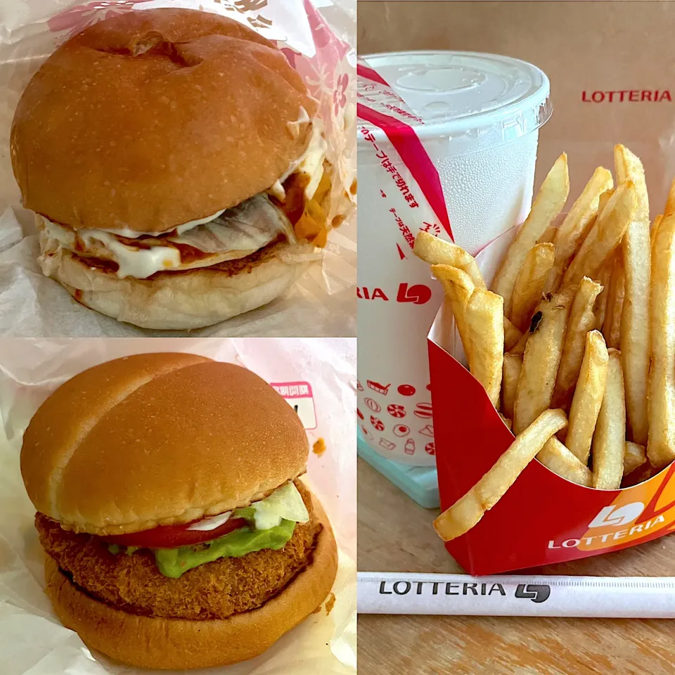 ロコモコ絶品チーズバーガー🍔　ハワイアンアボカド🥑エビバーガー🍔🦐　　ポテト🍟　ジュース🥤|るみおんさん