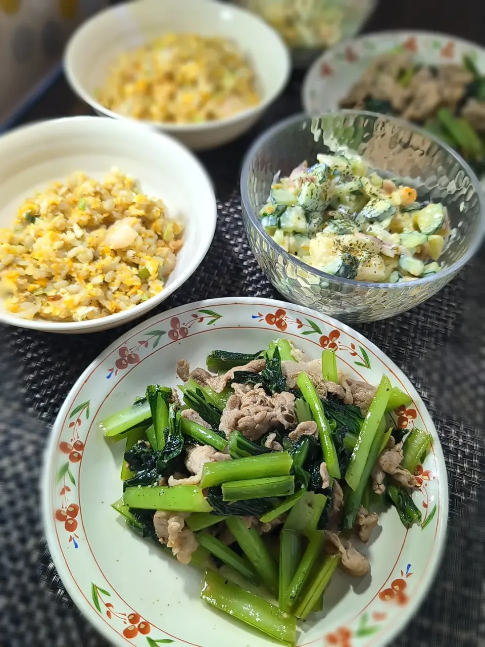 セロリ入りポテトサラダ＆豚肉と小松菜の炒めもの＆海老卵チャーハン|テケテケさん