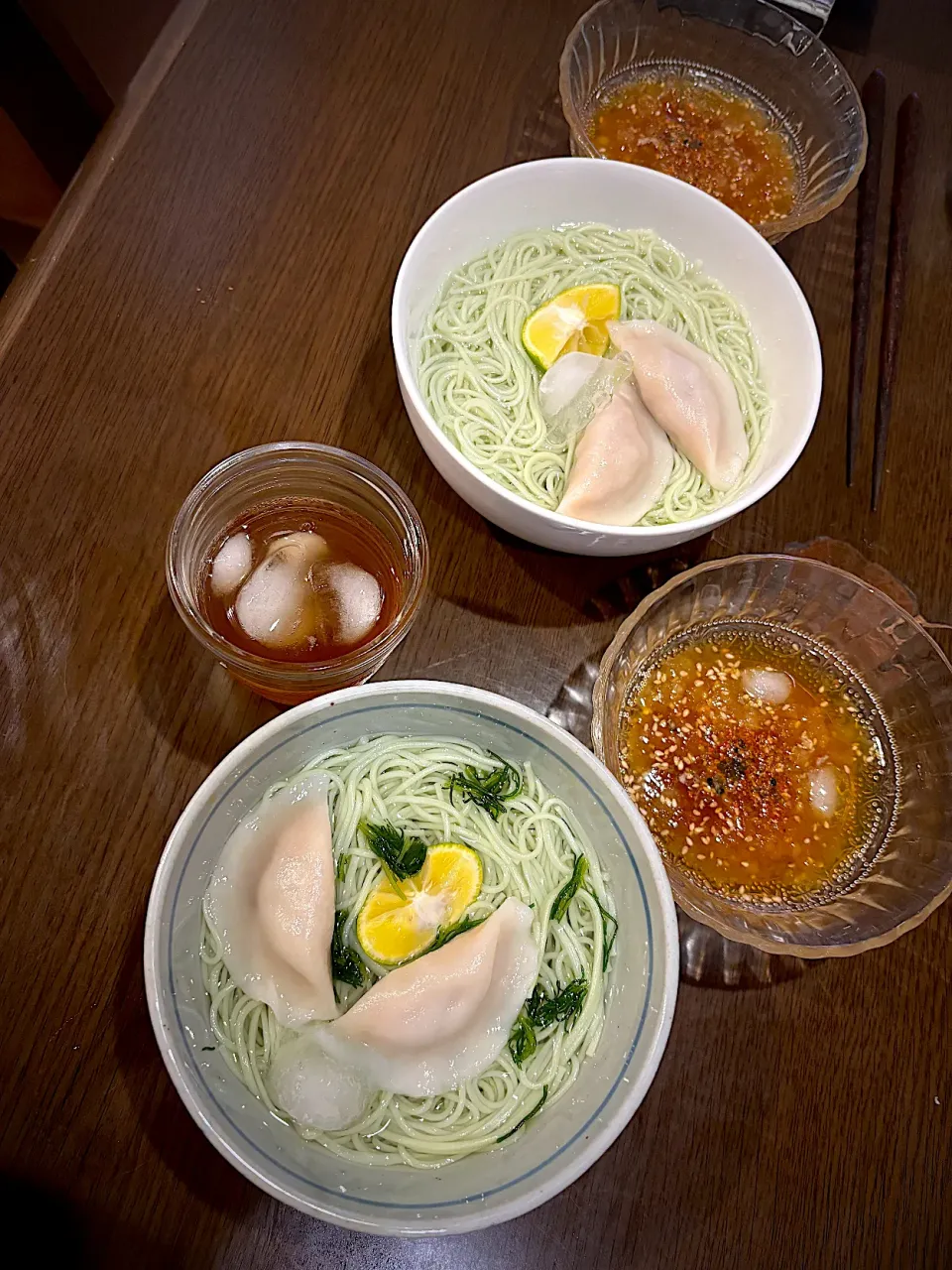 オリーブそうめん　玉ねぎおろしだれ　水餃子　麦茶|ch＊K*∀o(^^*)♪さん