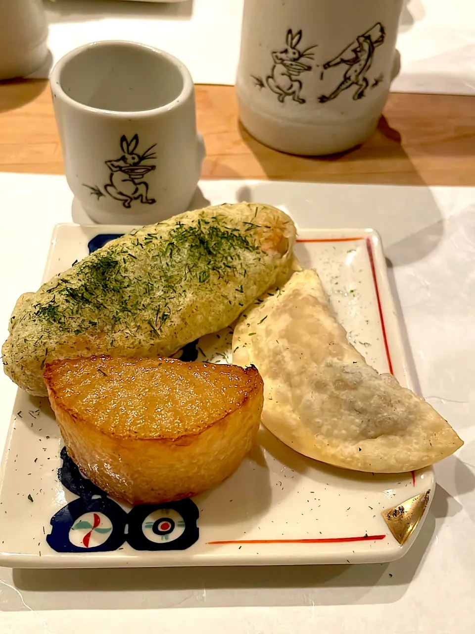 Snapdishの料理写真:煮大根、塩麹納豆餃子、笹かま揚げ|Gummyさん