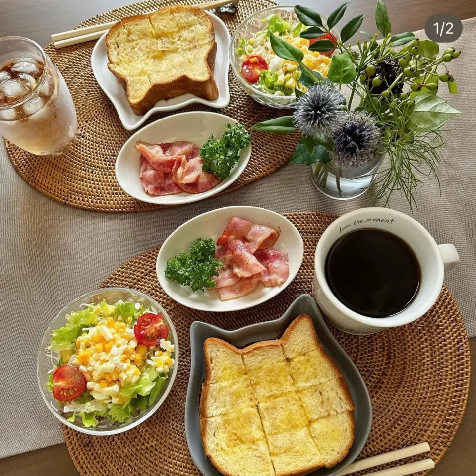 7/27❤︎休日モーニング🌱

・ ねこねこメープルバタートースト
・ 炙りベーコン🥓
・ ミモザサラダ🥗|Makinsさん