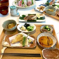 Snapdishの料理写真:お刺身　ほうぼう　かぼちゃ煮付け　お吸い物|ナナさん