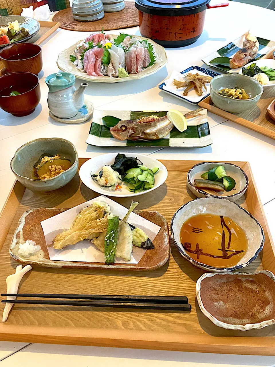 Snapdishの料理写真:お刺身　ほうぼう　かぼちゃ煮付け　お吸い物|ナナさん