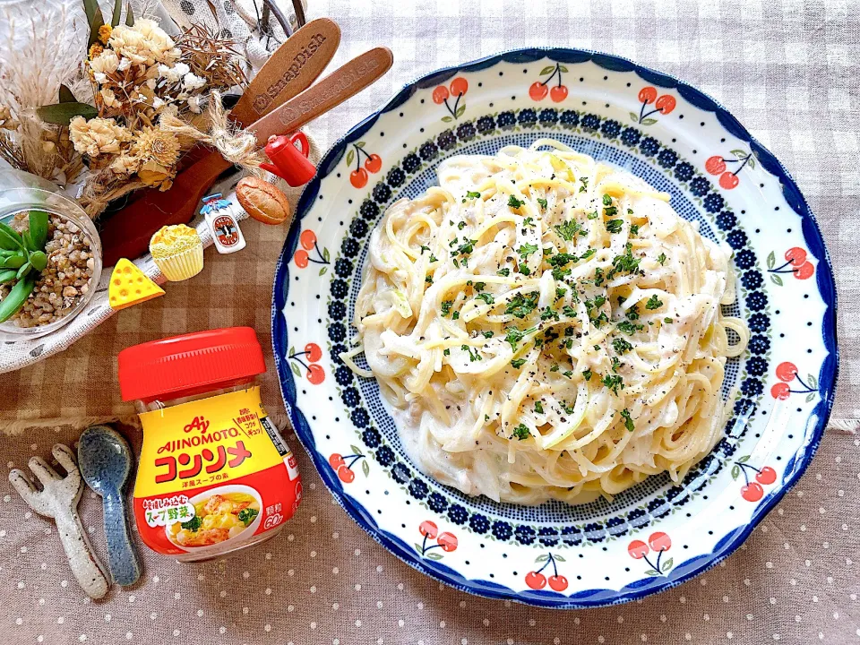 ツナと玉ねぎの牛乳クリームパスタ🐮|がぁがさん