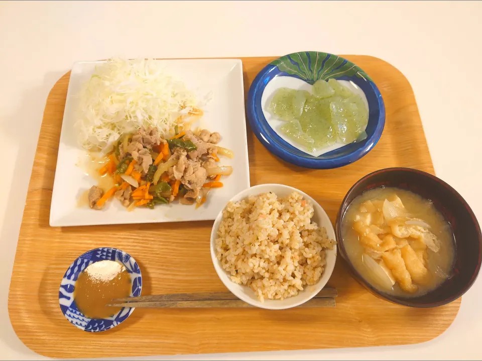 今日の昼食　SDモニター＊千切りキャベツ、豚肉生姜焼き、さしみこんにゃく、玄米、味噌汁|pinknari🐰🌈さん