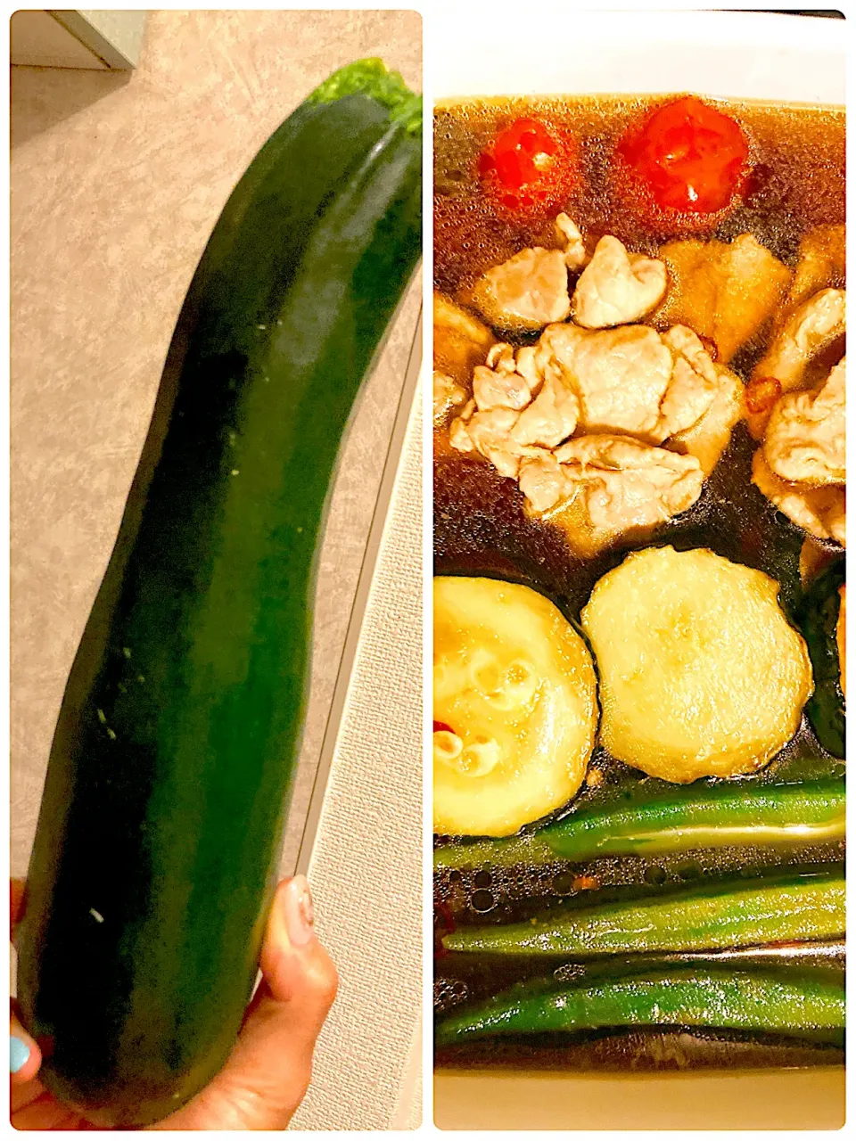 Snapdishの料理写真:巨大ズッキーニが主役の焼き浸し🥒🍅🫑🐷|gunlove❤さん