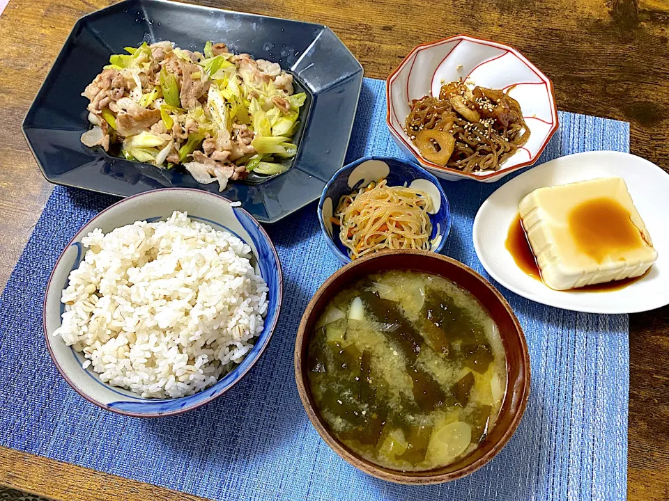 ネギ塩豚肉炒め　糸こんにゃくとちくわの甘辛煮　冷奴　麦ご飯　味噌汁|♡misaki♡さん