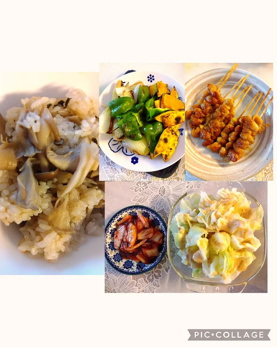 Snapdishの料理写真:夜ごはん!!きのこ炊き込みご飯、ぼんじり串、焼き野菜、レンチンキャベツ、もずくキムチ|m.rafuさん