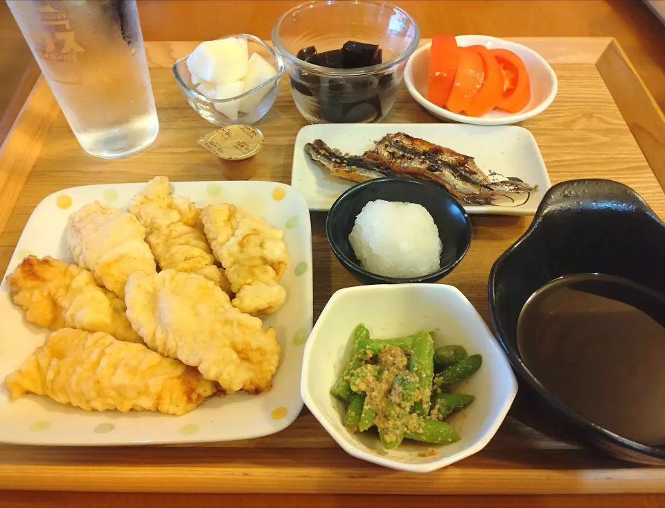 Snapdishの料理写真:☆とり天
☆ししゃもみりん干し
☆インゲンごま和え
☆冷やしトマト
☆まっか
☆コーヒーかんてん|chikakoさん